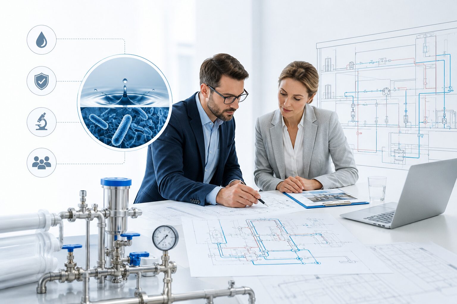 Consulenti AQUAMATER durante l'analisi del rischio di un impianto idrico