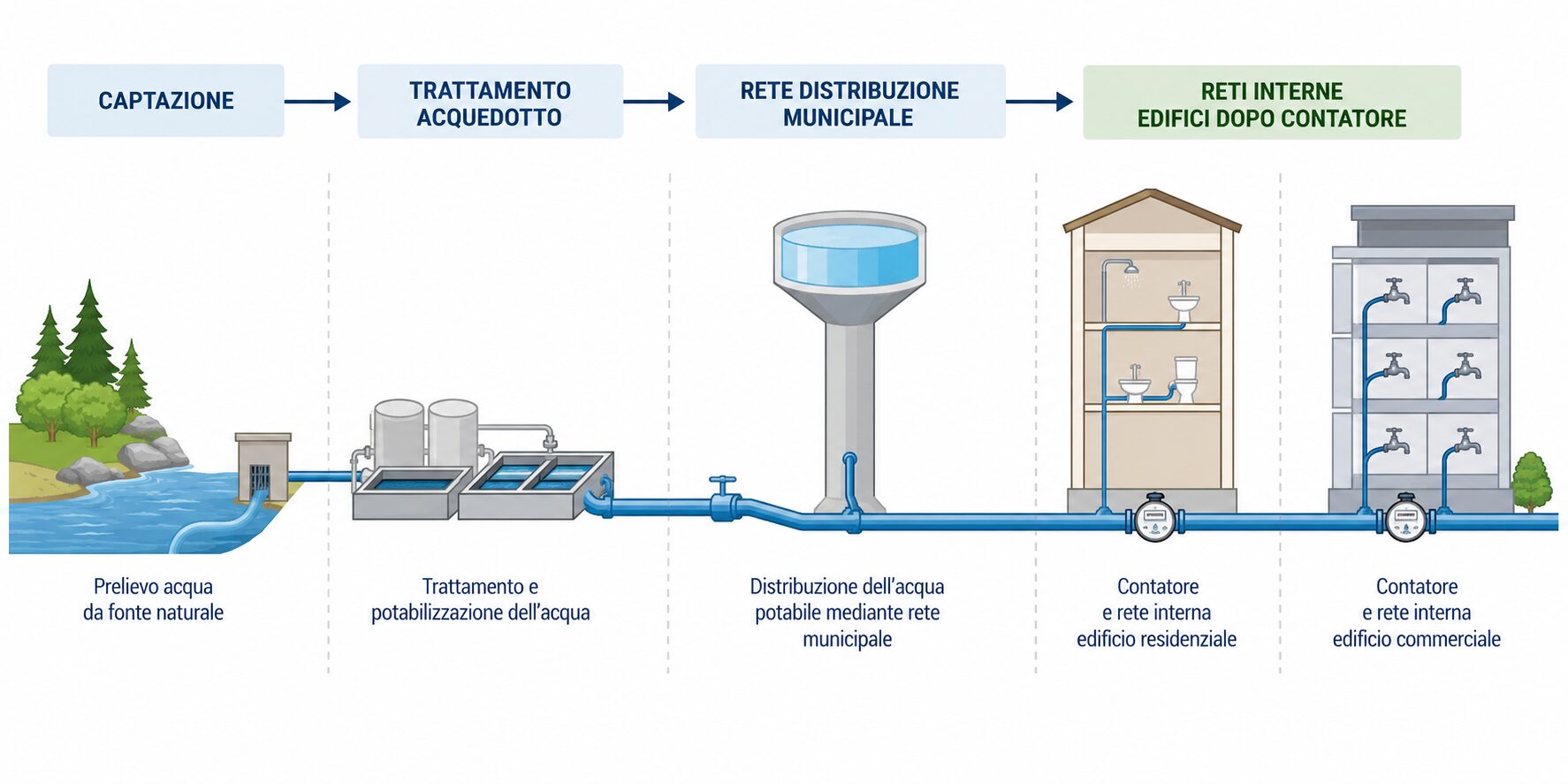 Schema della distribuzione idrica dall'acquedotto all'utenza finale