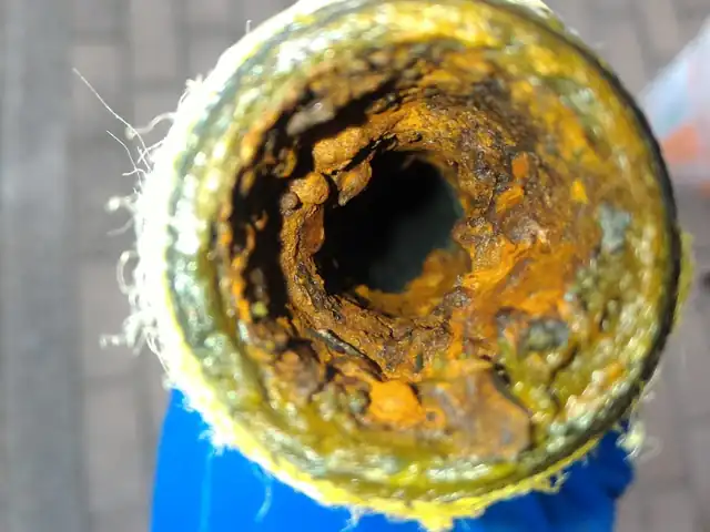 Tubazione sezionata con biofilm e depositi organici