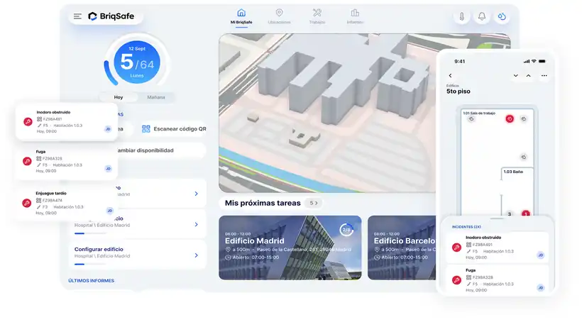 Schermata BRIQ SAFE: panoramica degli edifici, analisi del rischio e prossime attivita